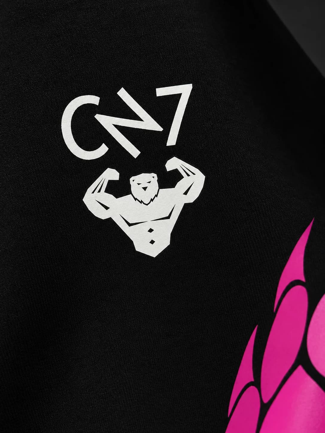 Detaliu emblema CN7 pe piept, hanorac negru
