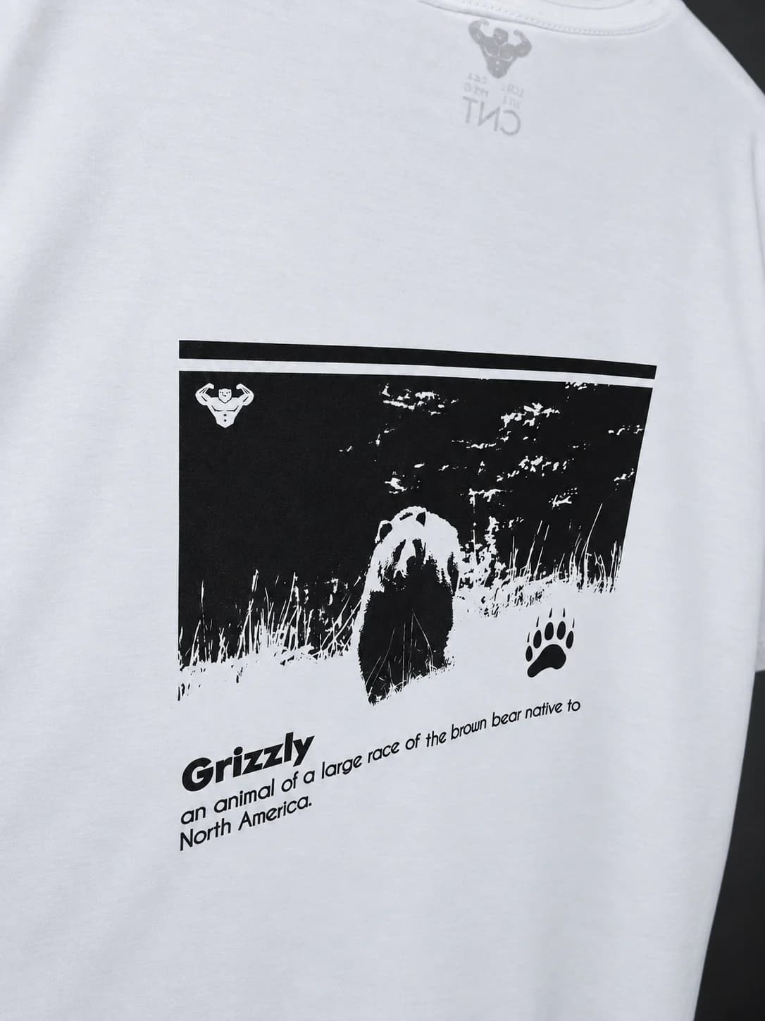 Detaliu imprimeu Grizzly pe spate